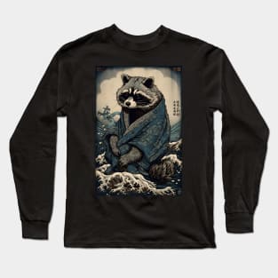 Raccoon and Waves - Traditional Japanese Ukiyoe Painting Long Sleeve T-Shirt